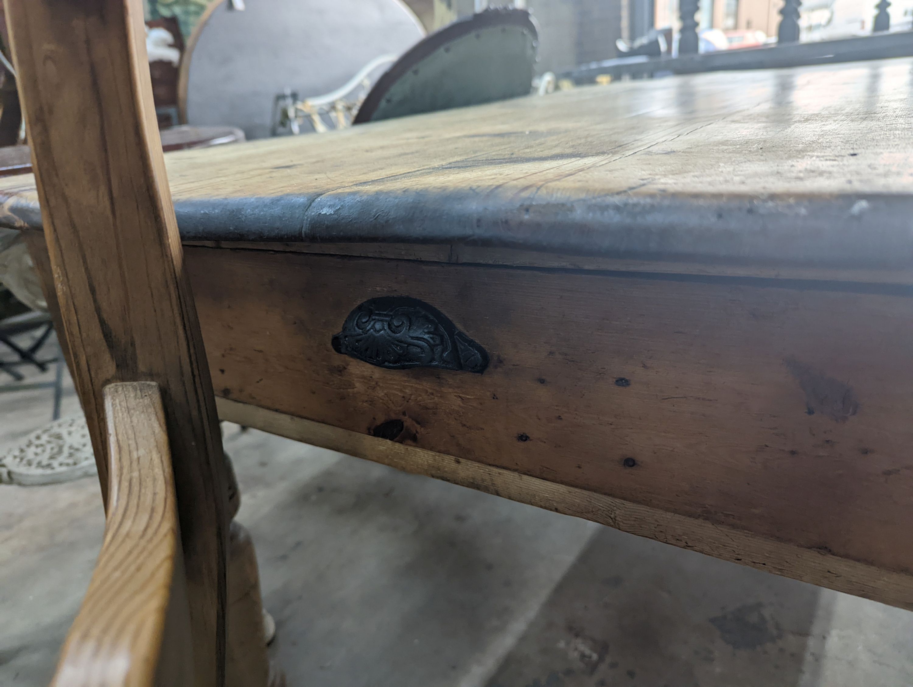 A Victorian pine kitchen table, fitted drawer, width 120cm, depth 86cm, height 74cm